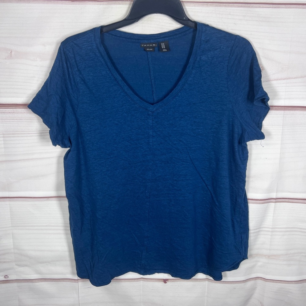 Tahari T-Shirt Womens 1X Blue V-Neck Short Sleeve 100% Linen Basic Top Casual
